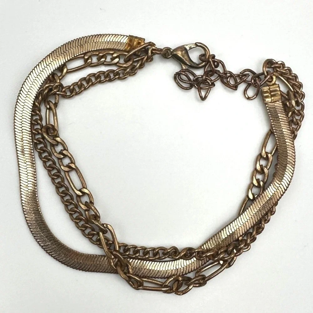 Bracelet Vintage Gold Tone Multi Strand Herringbone Snake Curb Figaro Chain